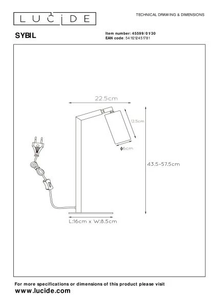 Lucide SYBIL - Desk lamp - 1xGU10 - Black - technical